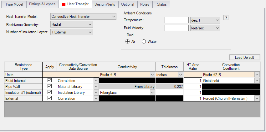 The Heat Transfer tab of the Pipe Properties window with the Heat Transfer Model set to Convective Heat Transfer.